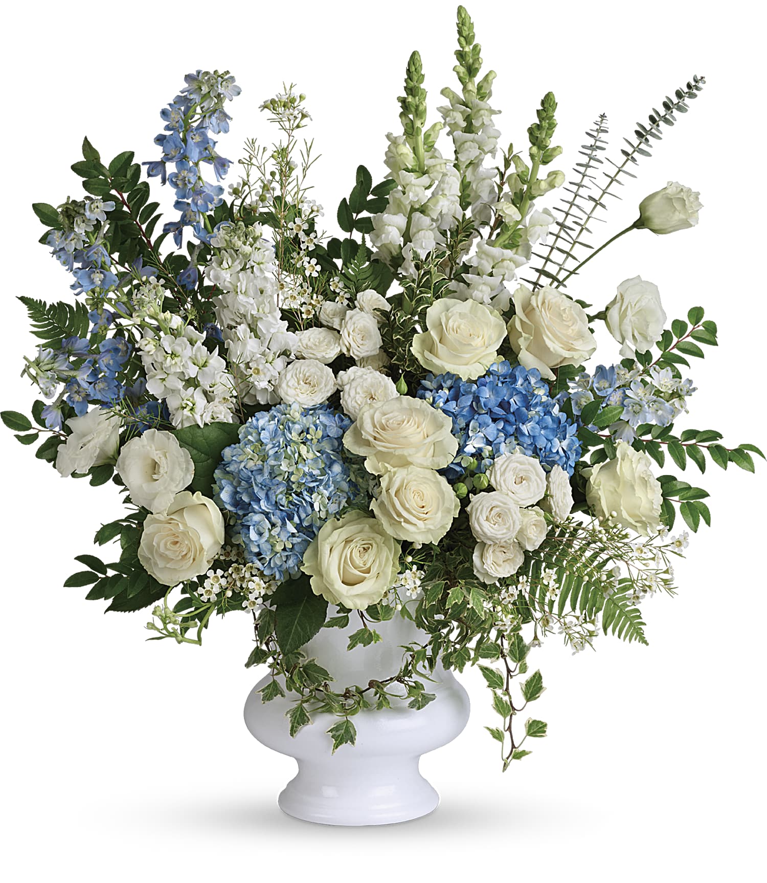 blue and white sympathy arrangement for a funeral service 